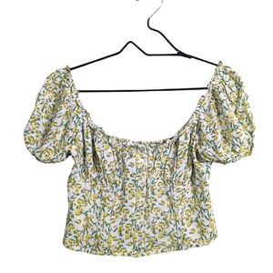 ASTR Yellow Lemons Print Crop Top Off The Shoulder Puff Sleeve Smoked Back M